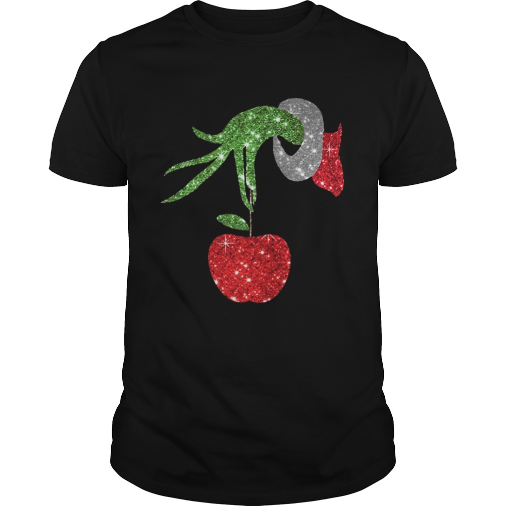 Teacher Grinch hand holding apple ornament shirt