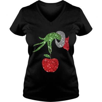 Teacher Grinch hand holding apple ornament VNeck