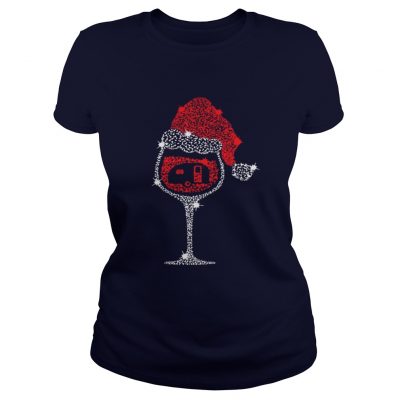 Wine Glass Red Santa Hat Camping Diamond Ladies Tee