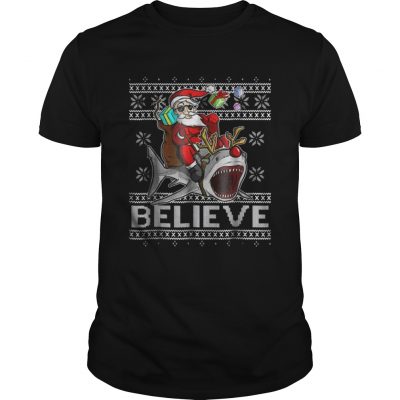 Guys Believe in Santa Riding Shark Christmas Ugly