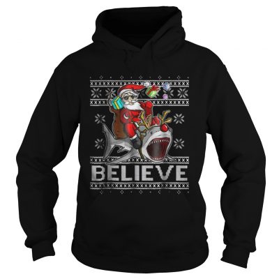 Hoodie Believe in Santa Riding Shark Christmas Ugly