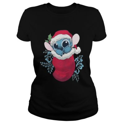 Ladies Tee Baby Stitch in Christmas stocking shirt