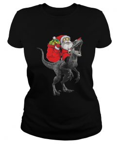 Ladies Tee Christmas Santa Riding A Velociraptor Blue