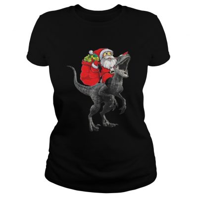 Ladies Tee Christmas Santa Riding A Velociraptor Blue