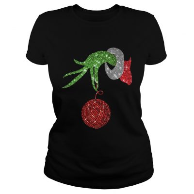 Ladies Tee Grinch hand holdings crochet ornament