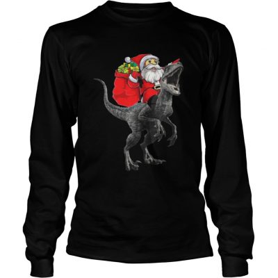 Longsleeve Tee Christmas Santa Riding A Velociraptor Blue