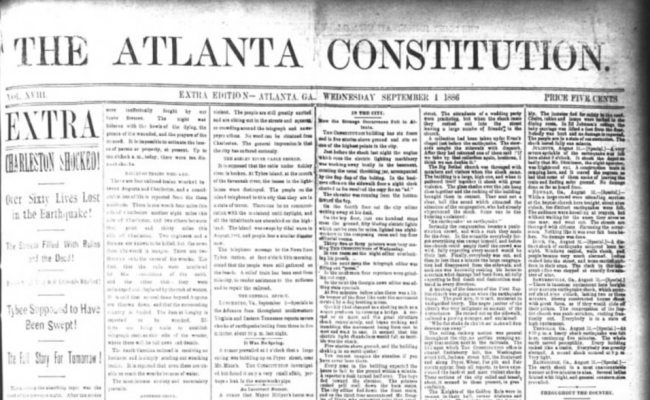 The deadly earthquake that struck Charleston on Aug 31 1886 was front-page news in the next edition of the Atlanta Constitution