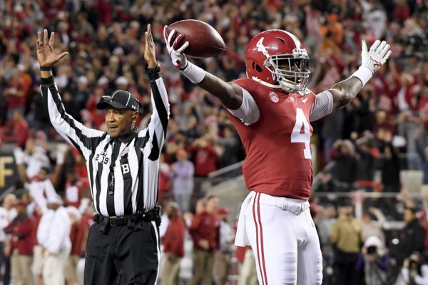 Alabama’s Jerry Jeudy celebrated his first quarter touchdown.