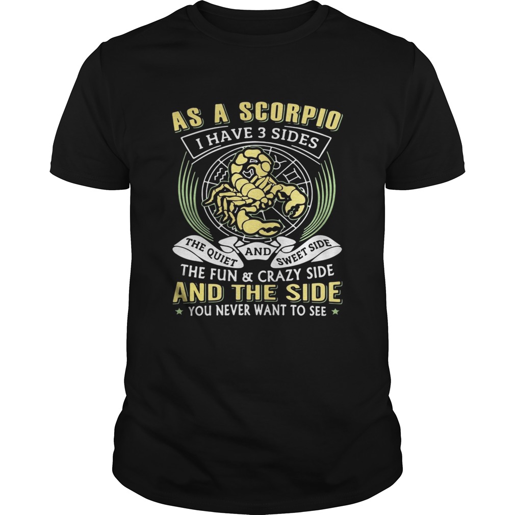 As a scorpio I have 3 sides the quiet and sweet side the fun and crazy side shirt