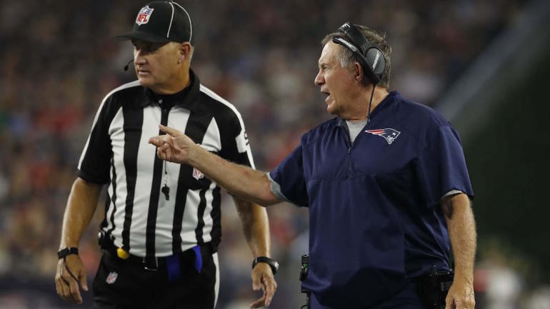 Aug 16, 2018; Foxborough, MA, USA; New England Patriots head coach Bill Belichick talks to an official as they take on the Philadelphia Eagles in the second quarter at Gillette Stadium. Mandatory Credit: David Butler II-USA TODAY Sports