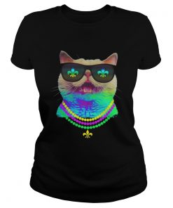 Ladies Tee Cat Face Mardi Gras Sunglasses Beads TShirt