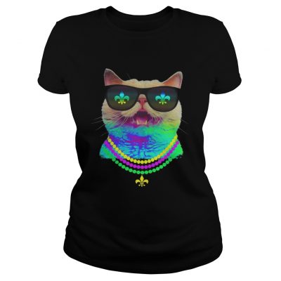 Ladies Tee Cat Face Mardi Gras Sunglasses Beads TShirt