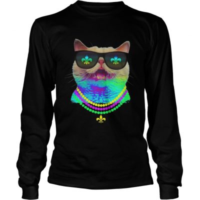 Longsleeve Tee Cat Face Mardi Gras Sunglasses Beads TShirt