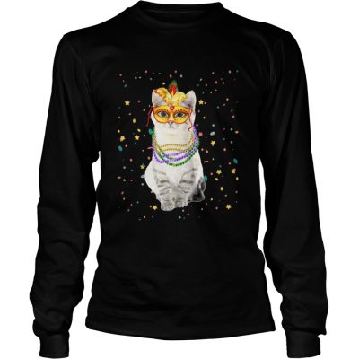 Longsleeve Tee Mardi Gras Cat Mask Beads TShirt