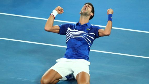 Novak Djokovic celebrates after defeating Rafael Nadal for the Australian Open championship Sunday.