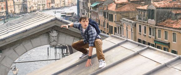 Peter Parker (Tom Holland) gets all wet on a trip to Europe in Spider-Man Far From Home