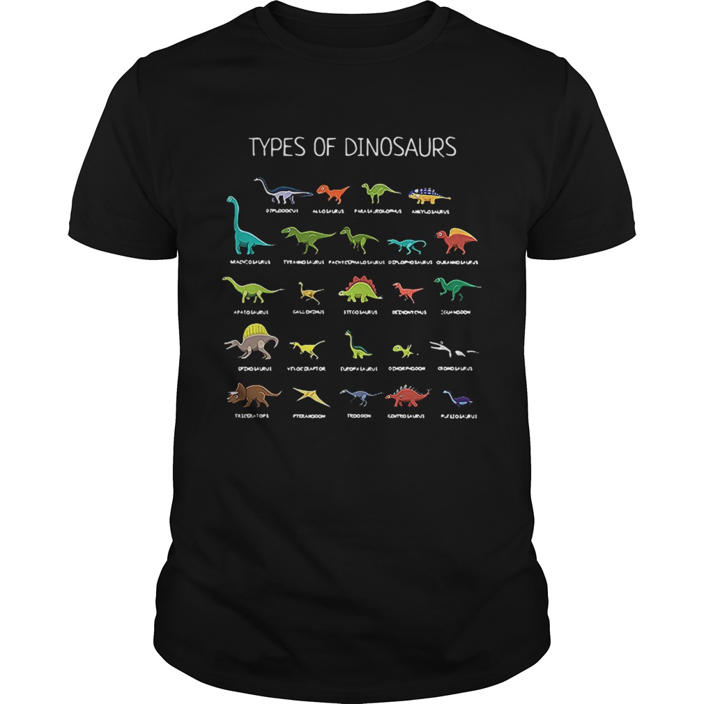 Types of dinosaurs Diplodocus Allosaurus Parasaurolophus Ankylosaurus shirt