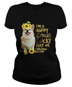 Ladies Tee Dog and sunflowers Im a happy go lucky ray of freakin sunshine shirt