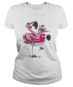 Ladies Tee Flamingo on the flamingo float tube drinking juice shirt