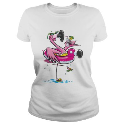 Ladies Tee Flamingo on the flamingo float tube drinking juice shirt