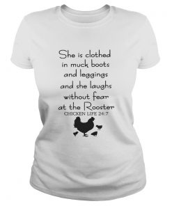 Ladies Tee She is clothed in muck boots and leggings and she laughs without shirt