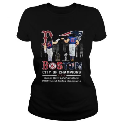 Ladies Tee Songoku and Vegeta Tom Brady and David Ortiz Boston City of Champions Super Bowl Shirt