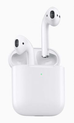 Apple AirPods, the new version with an optional new case. It has an LED to show it's wireless-chargeable