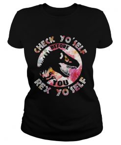 Ladies Tee Dinosaurs check yoself before you Rex yoself shirt