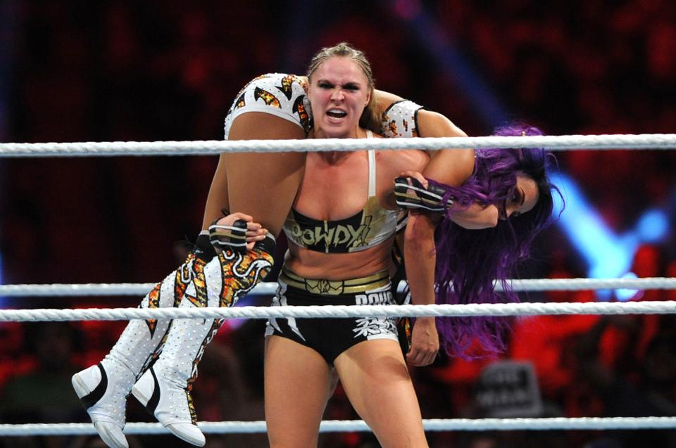 Ronda Rousey and Sasha Banks at WWE's 2019 Royal Rumble in January