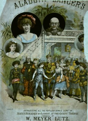 A musical score of popular songs, arranged by W. Meyer Lutz, from a production of Aladdin, at the Gaiety Theatre, London. Hulton Archive