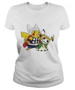 Pikachu Thor helping Mimikyu Loki ladies tee