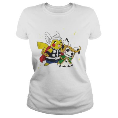 Pikachu Thor helping Mimikyu Loki ladies tee