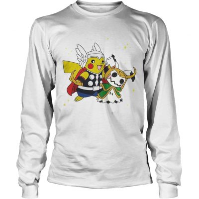 Pikachu Thor helping Mimikyu Loki longsleeve tee