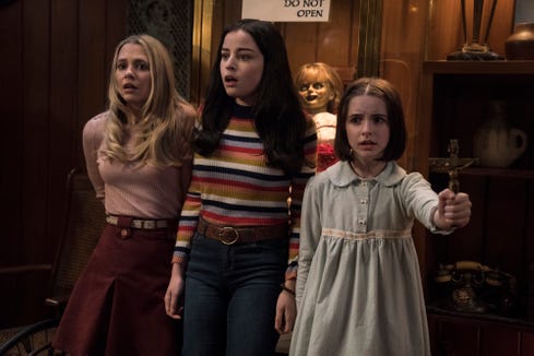 Madison Iseman (from left), Katie Sarife and Mckenna Grace star as youngsters dealing with a house of horrors in "Annabelle Comes Home."