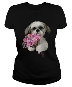 Shih Tzu holds a bunch of roses  Classic Ladies