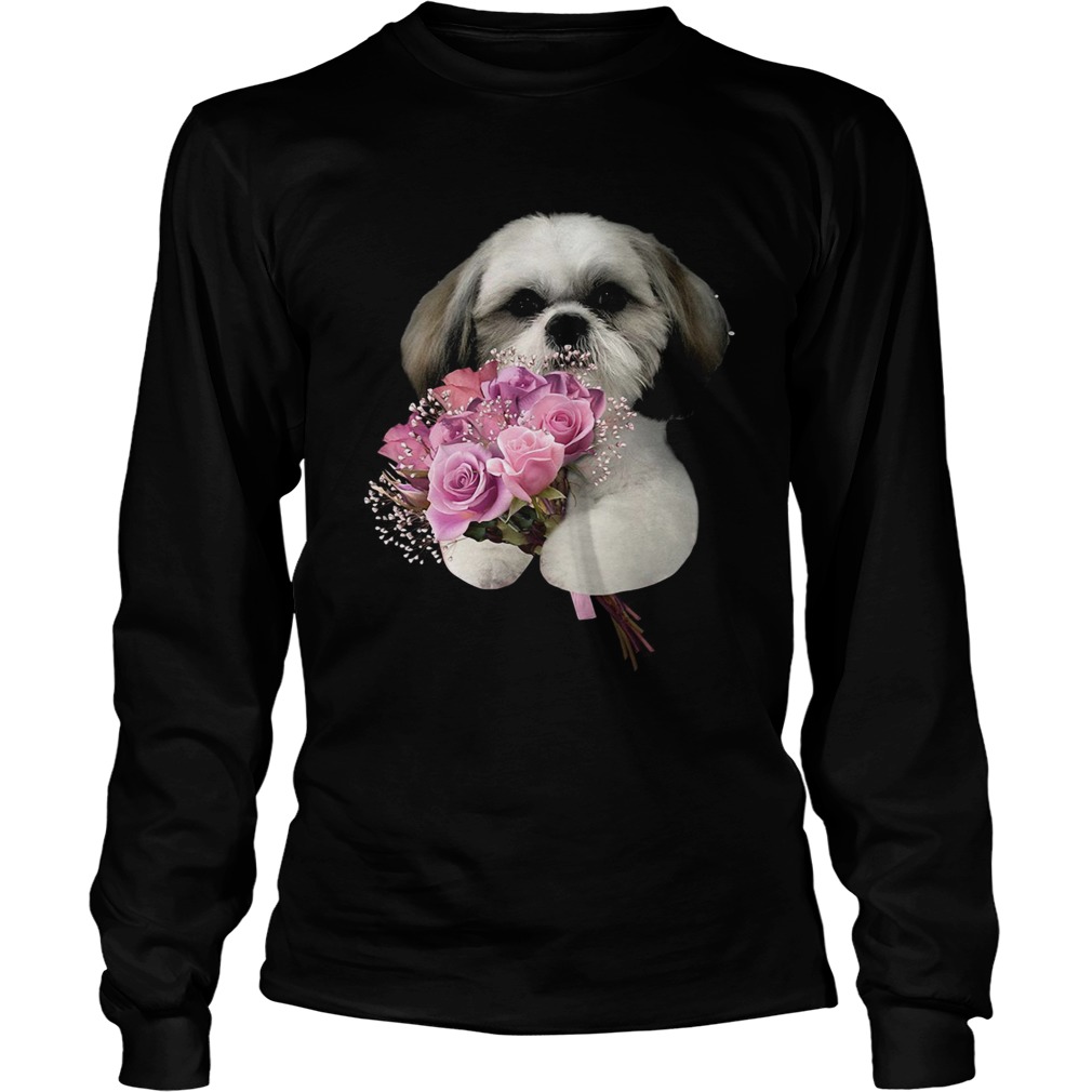 Shih Tzu holds a bunch of roses LongSleeve