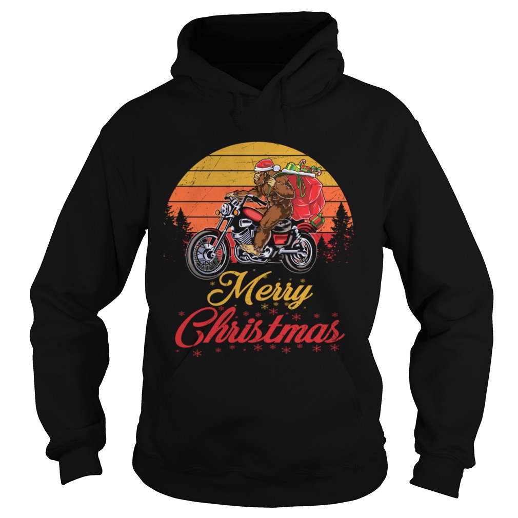 Bigfoot Santa Riding Motorcycle Delivers Christmas Gifts TShirt Hoodie