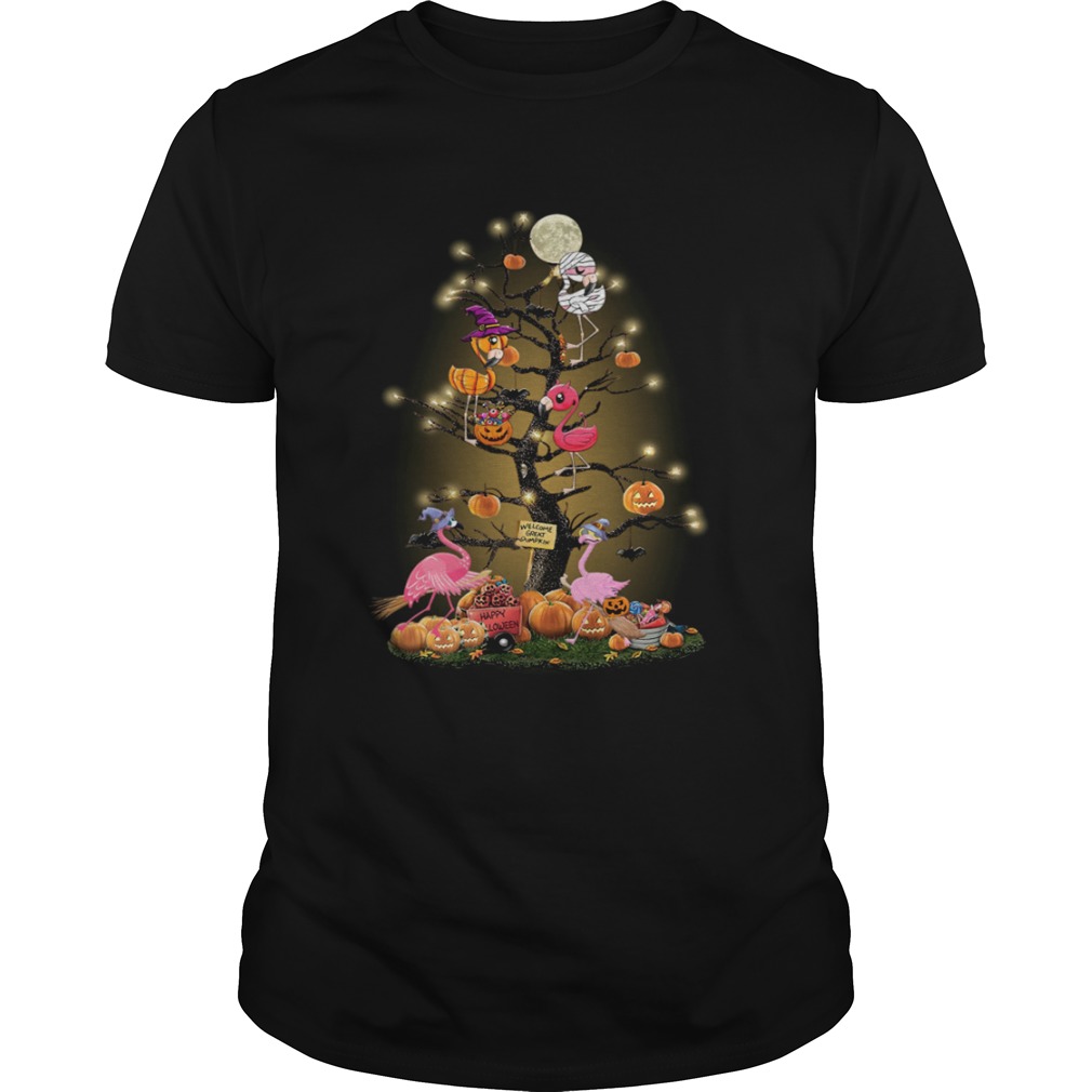 Flamingos tree happy Halloween shirt