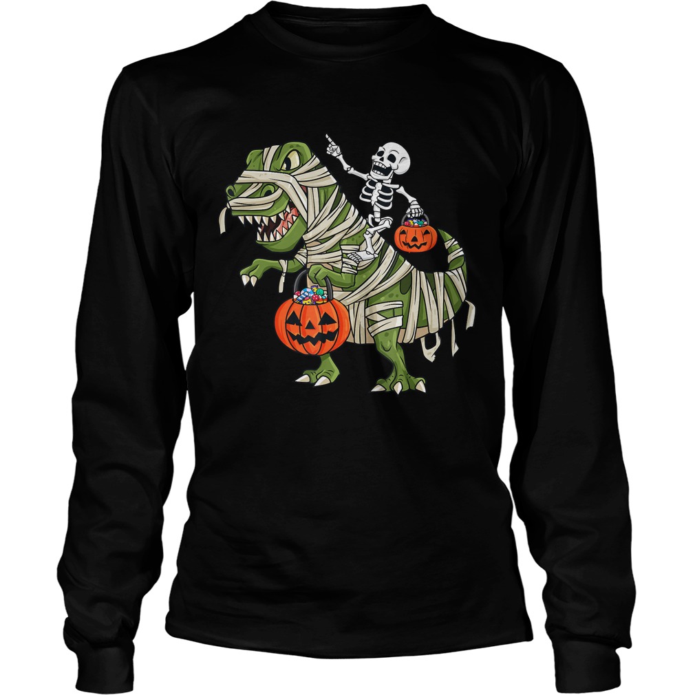 Skeleton Riding T Rex Funny Halloween Boys Girls KidsTShirt LongSleeve