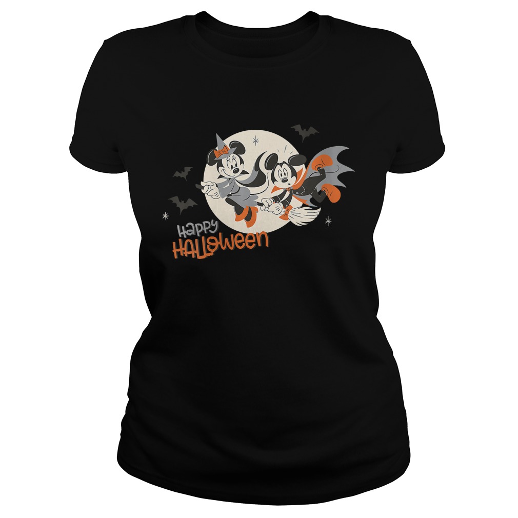 Womens Disney Halloween Minnie and Minnie Flying VNeck TShirt Classic Ladies