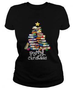 Merry Christmas Tree Love reading books Librarian nerd TShirt Classic Ladies