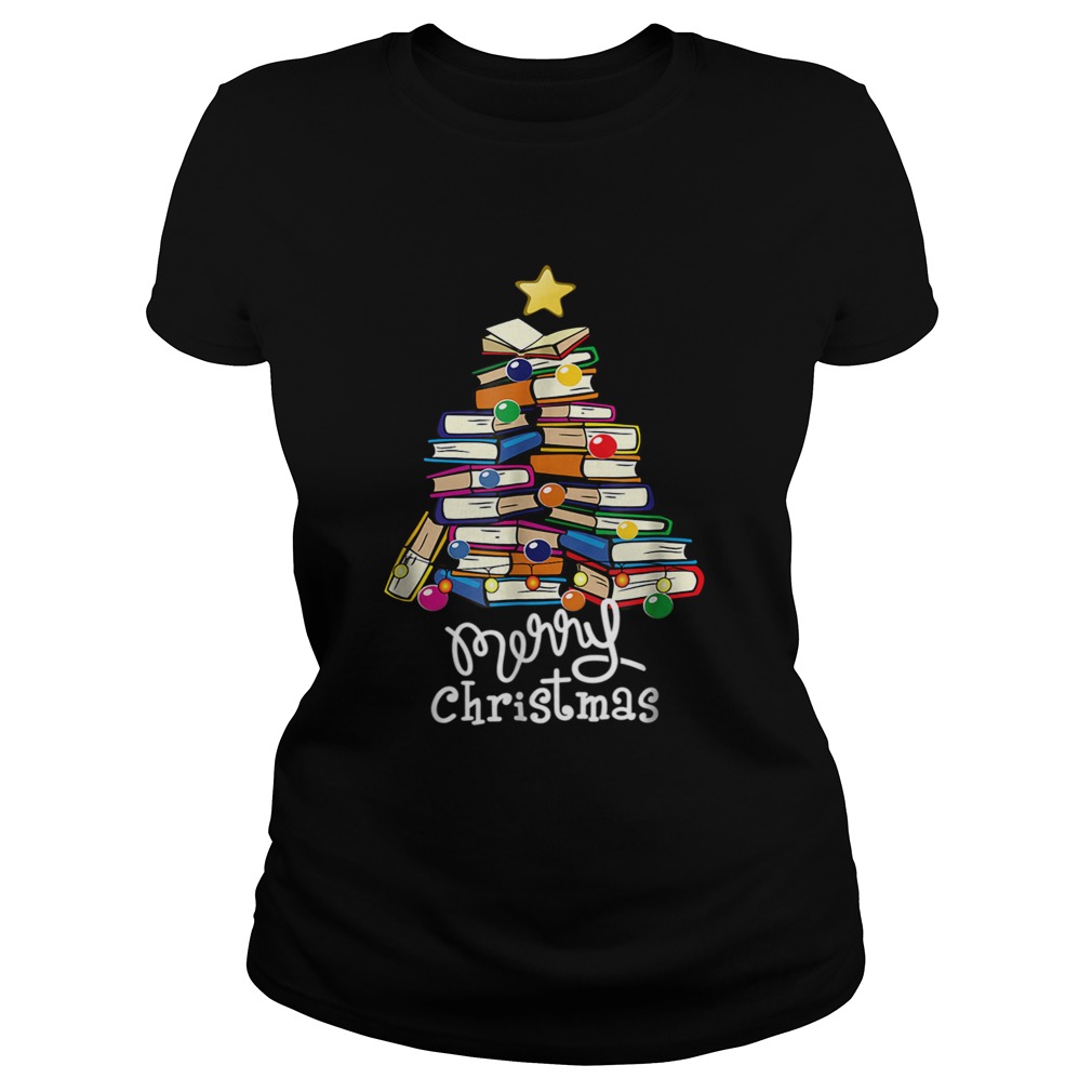 Merry Christmas Tree Love reading books Librarian nerd TShirt Classic Ladies