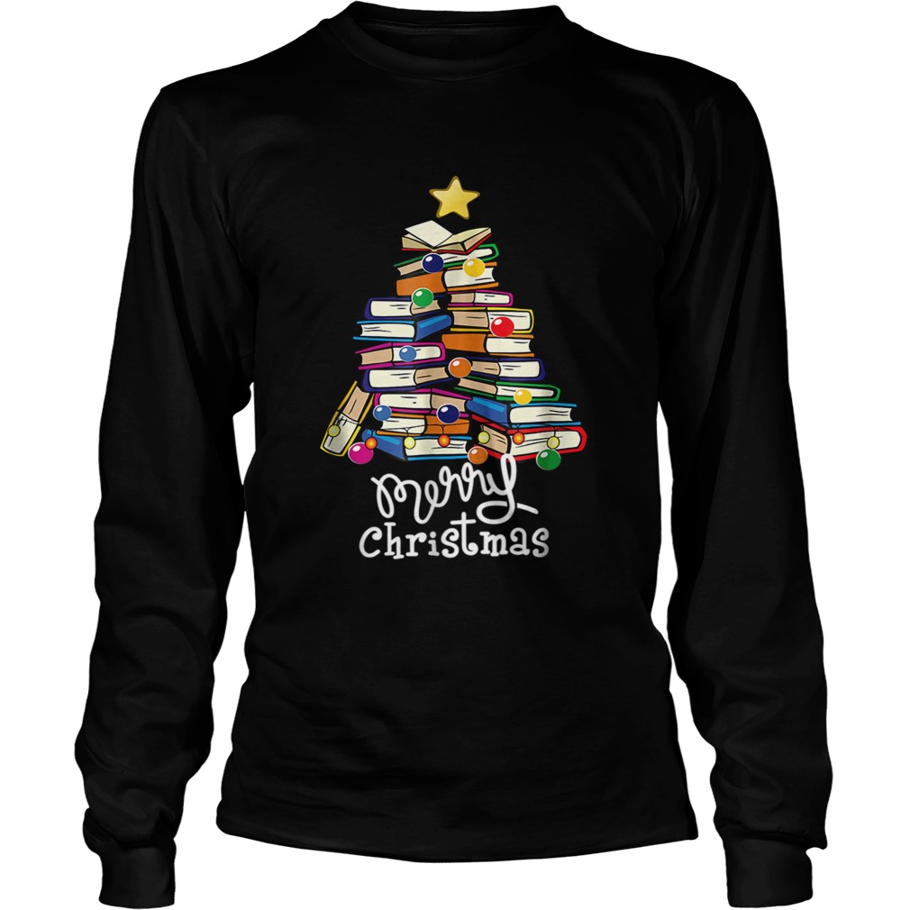 Merry Christmas Tree Love reading books Librarian nerd TShirt LongSleeve