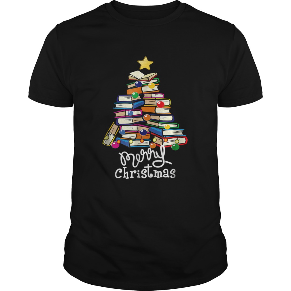 Merry Christmas Tree Love reading books Librarian nerd TShirt