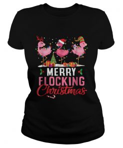 Merry Flocking Christmas Flamingo Pink In Santa Hat TShirt Classic Ladies