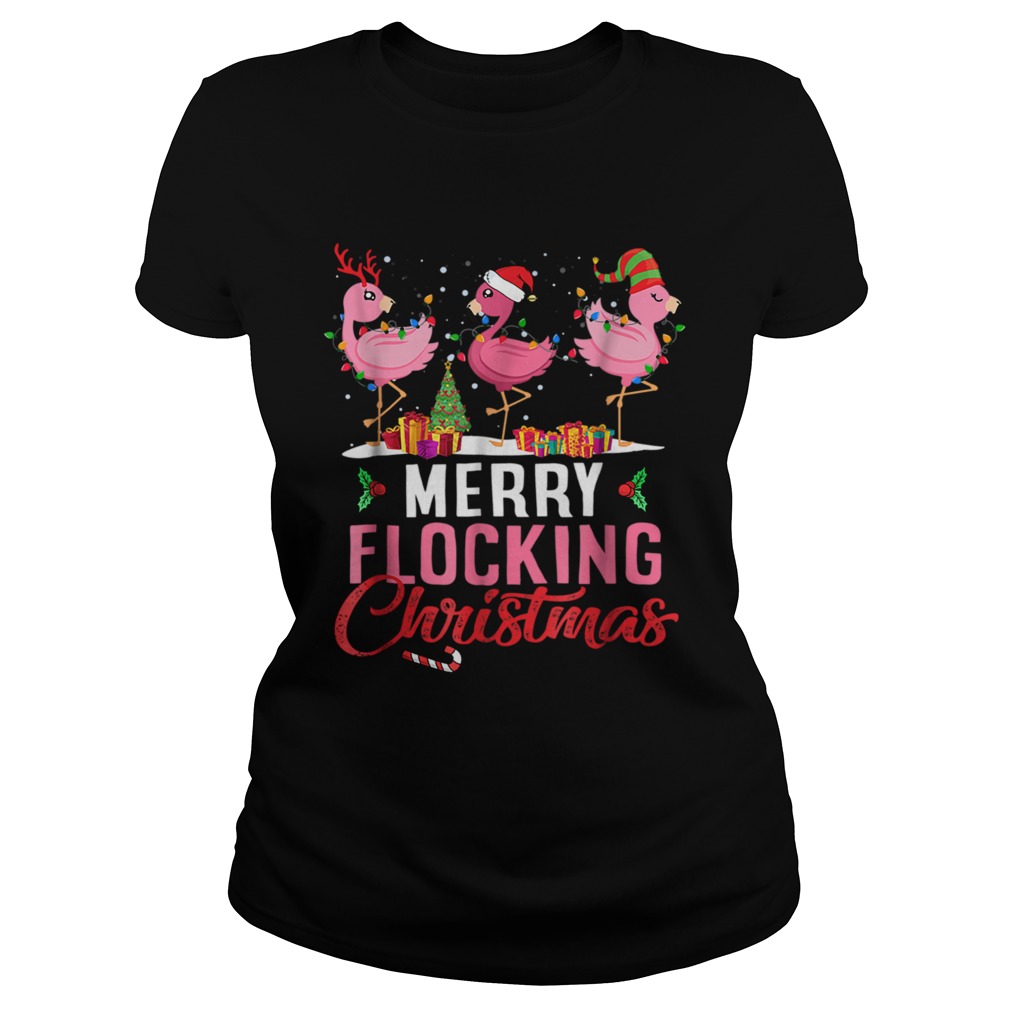 Merry Flocking Christmas Flamingo Pink In Santa Hat TShirt Classic Ladies