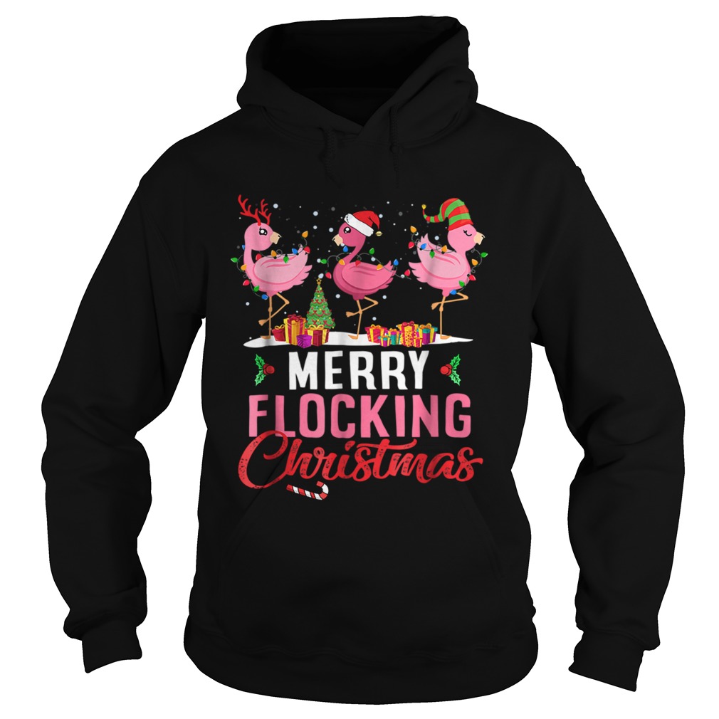 Merry Flocking Christmas Flamingo Pink In Santa Hat TShirt Hoodie