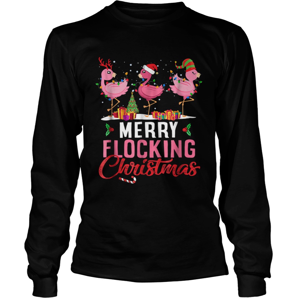 Merry Flocking Christmas Flamingo Pink In Santa Hat TShirt LongSleeve