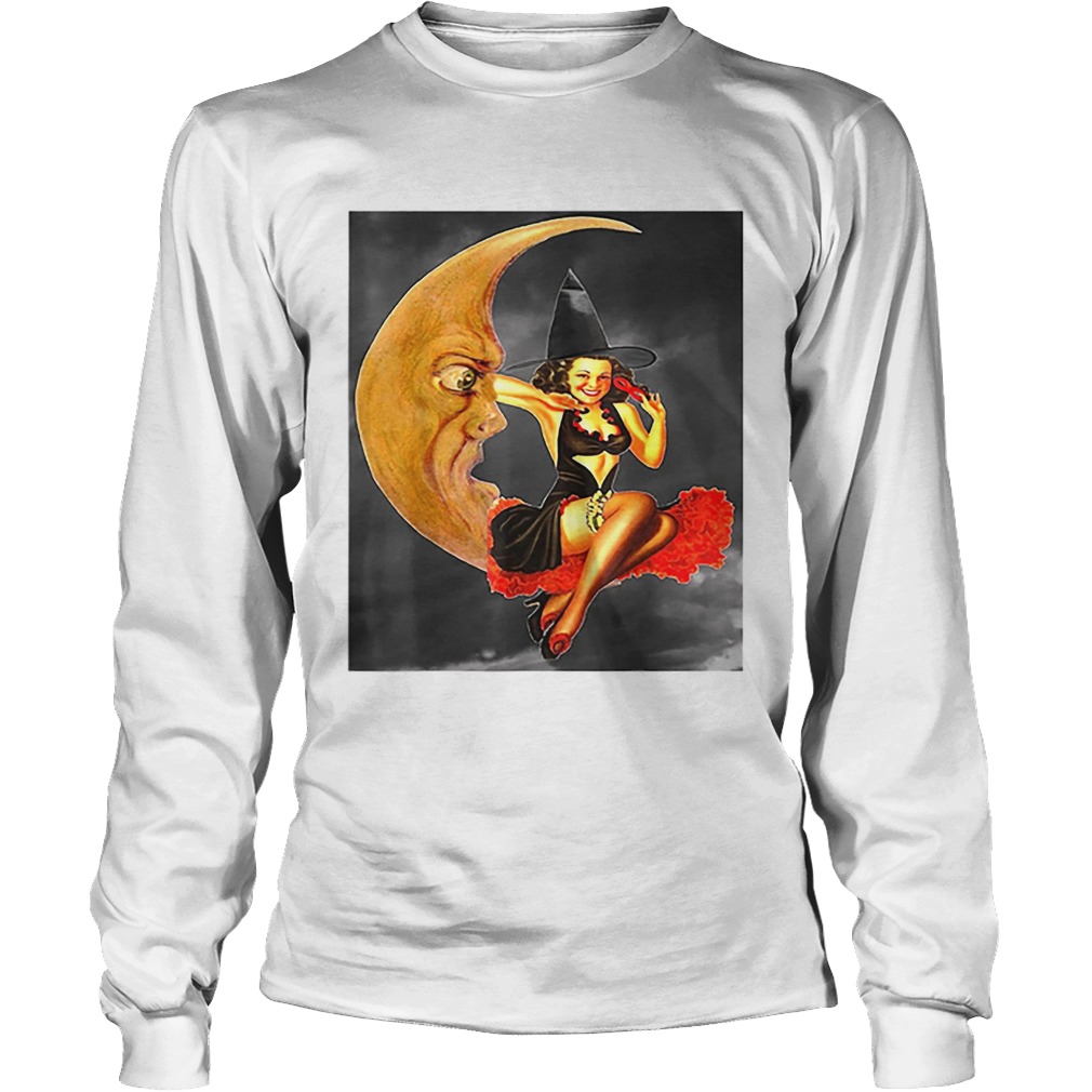 Nice Vintage Pin Up Girl Witch on Moon Halloween LongSleeve