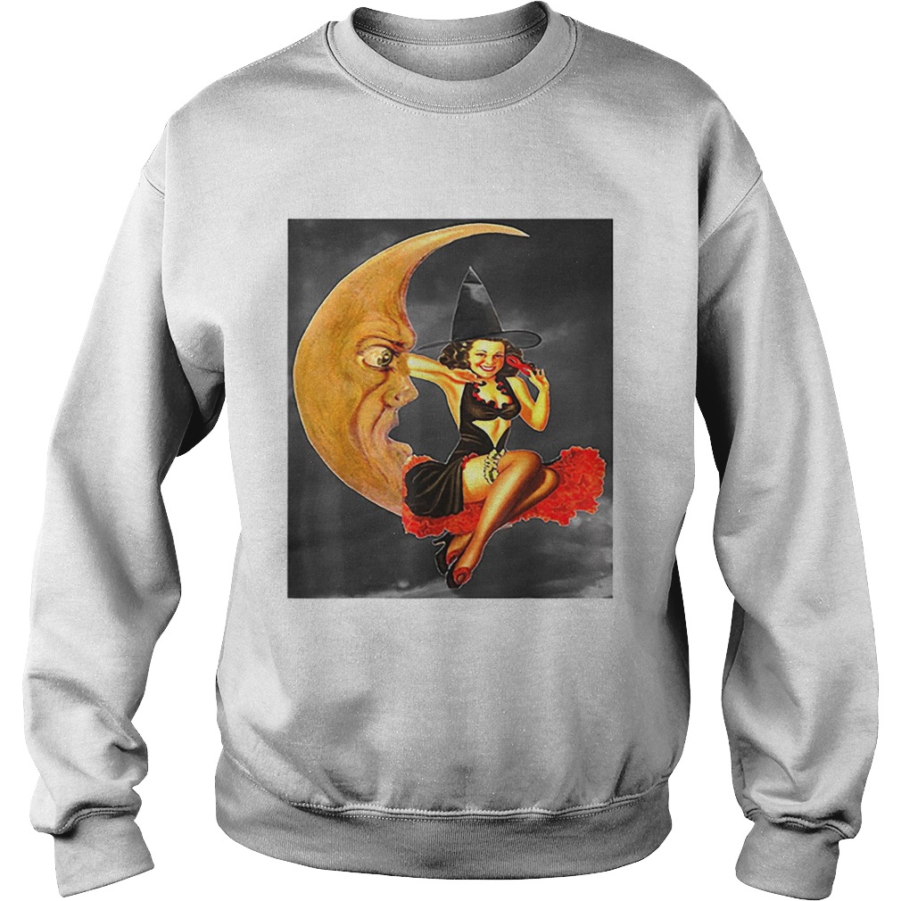 Nice Vintage Pin Up Girl Witch on Moon Halloween Sweatshirt